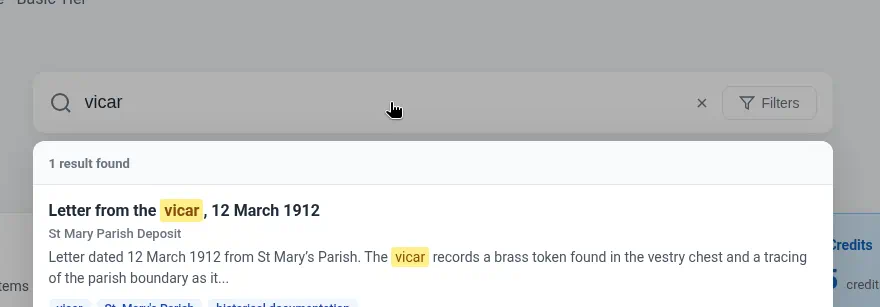 Search results in CurAI-it, including searchable custom fields