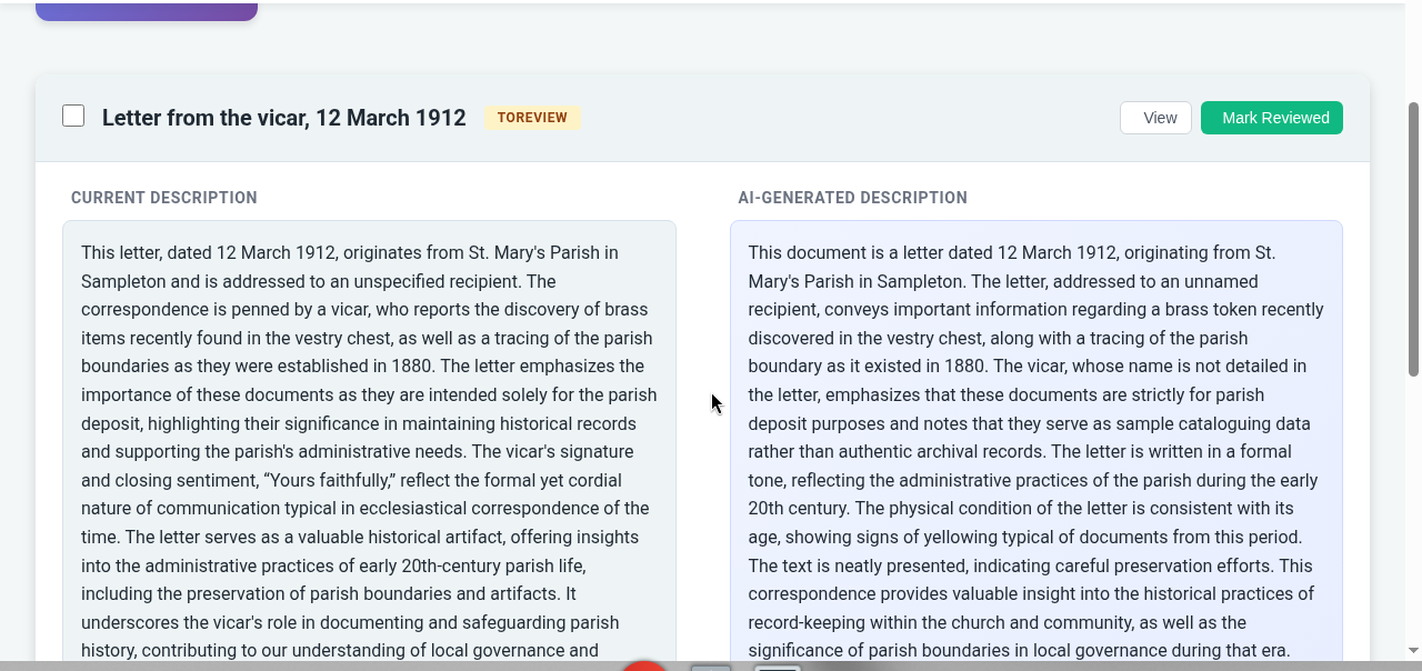 AI Review in CurAI-it, where you accept or change a drafted record