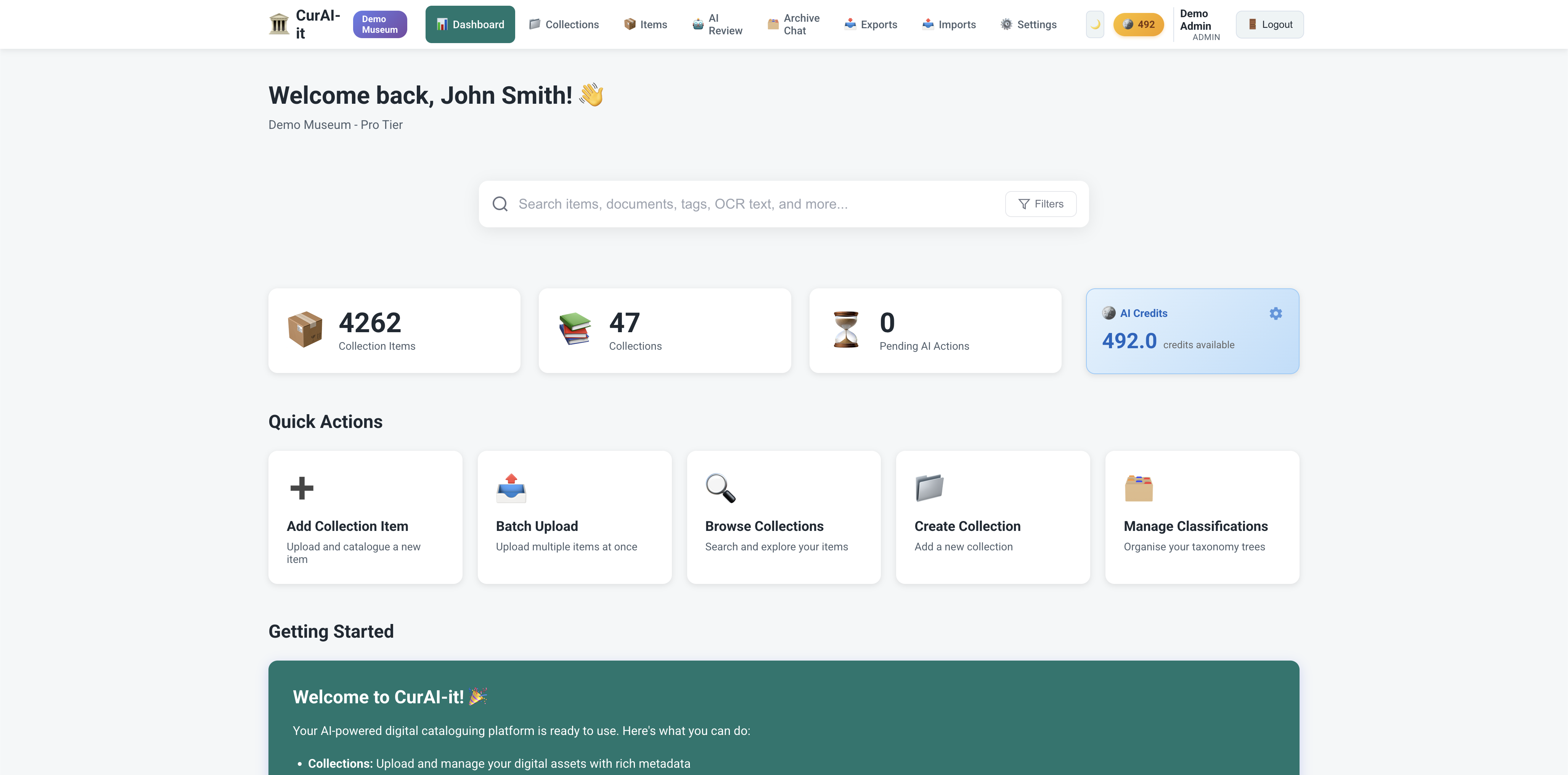 CurAI-it dashboard showing collection cards and accession counters